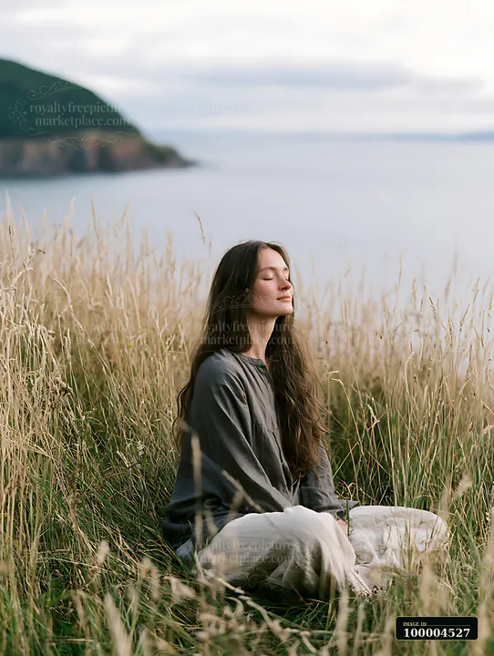 Woman with closed eyes sits in tall coastal grass beside calm water and a distant headland.