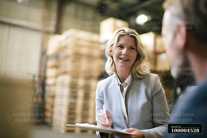 A businesswoman speaks with a colleague while holding a clipboard.