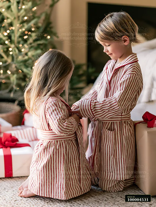 Children wearing matching pajamas open gifts in a cozy living room decorated for Christmas.