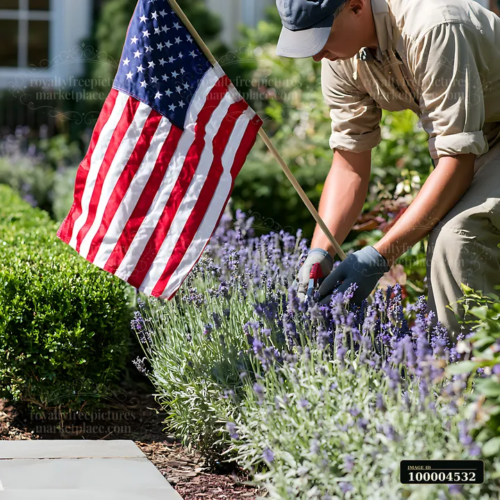 A gardener is trimming lavender plants while holding an American flag in a well-kept garden.