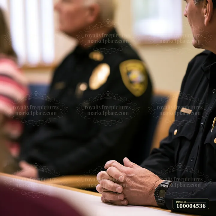 Police officer listens at a meeting table while another uniformed officer sits nearby.