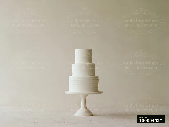 A three-tier minimalist wedding cake stands on a simple pedestal against a neutral background.