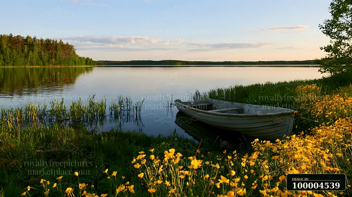 Yellow meadow flowers and a rowboat frame a calm pond beside a forest at golden hour.
