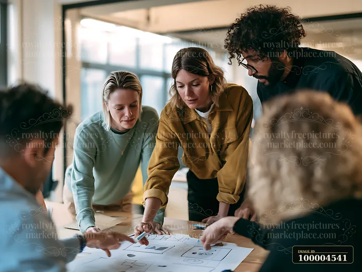 A female manager guides team members during a brainstorming session in a bright office setting.