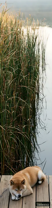A Shiba Inu lies on a wooden deck beside a pond in a park, surrounded by tall reeds and calm water.