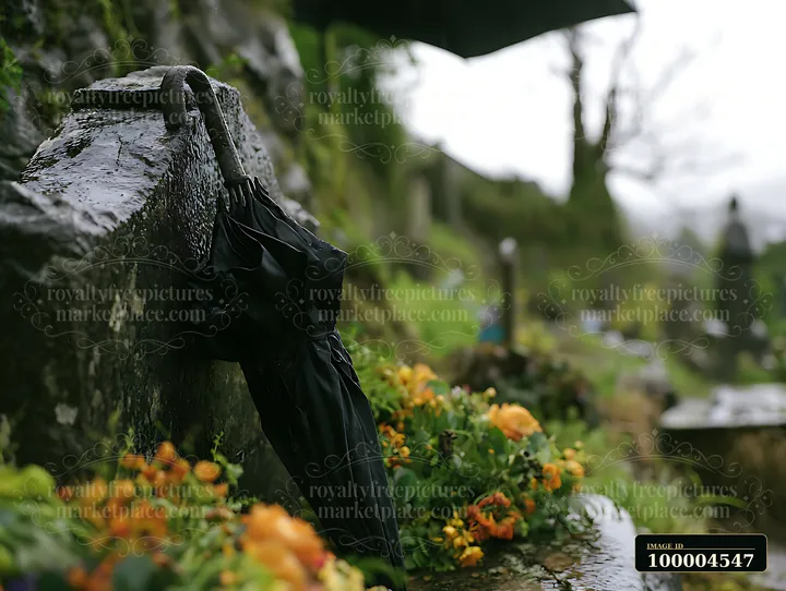 A black umbrella leans against a stone at a grave surrounded by fresh flowers.