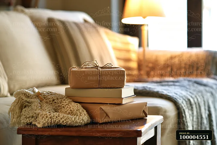 Birthday gifts are neatly placed beside a sofa in a cozy living room with warm lighting.