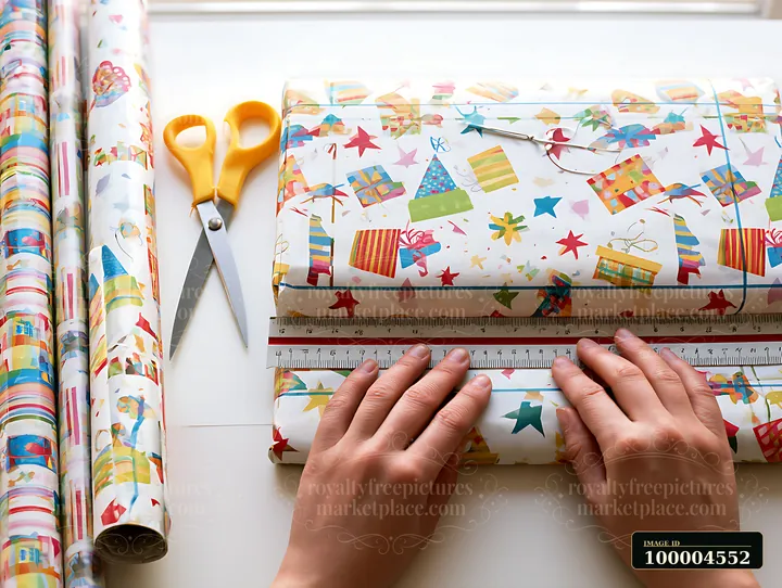 Hands measure colorful birthday wrapping paper with rulers beside yellow scissors and paper rolls.