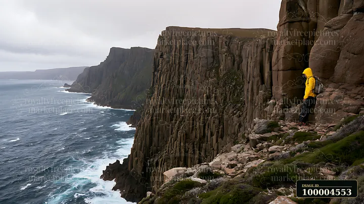 Hiker in a yellow jacket stands beside towering coastal cliffs above a rough ocean under an overcast sky.