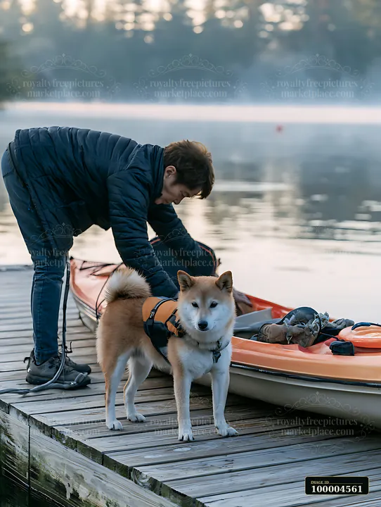 Shiba inu stands beside a kayak on a wooden dock while a person prepares the boat beside a calm lake.