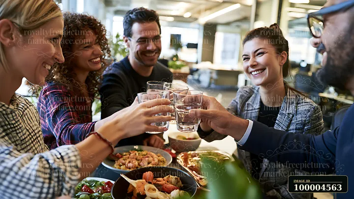 Colleagues enjoy a casual office lunch buffet while raising glasses in a toast.