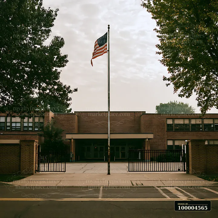 American flag waves above the entrance of a brick school building, framed by leafy trees.