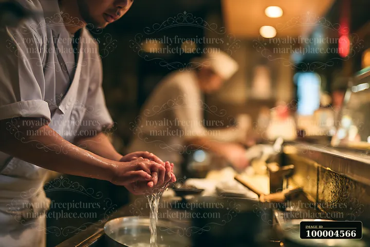 Chef washing wet hands over a sink at a warmly lit restaurant preparation station.