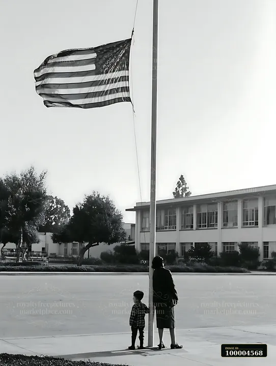 A child and an adult stand together under an American flag waving beside a school building.