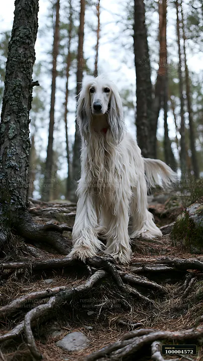 A distinctive dog breed walks along a forest trail with pine trees around.