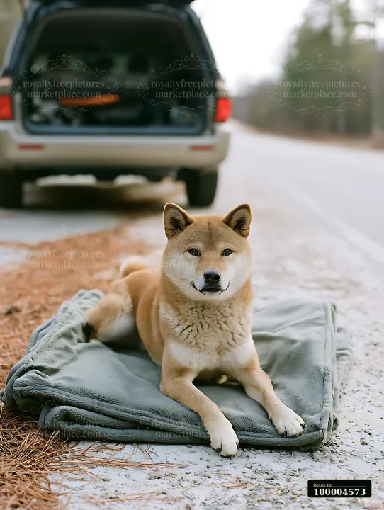 A shiba inu rests on a folded travel blanket near a parked vehicle on a gravel road.