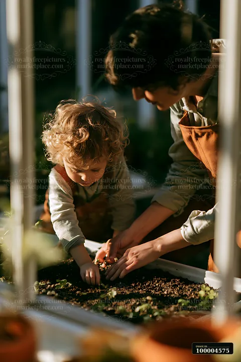 A young child and parent are planting vegetable seeds together in a garden.
