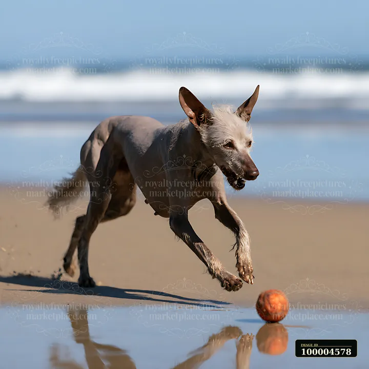A rare breed dog is running on a sandy beach, chasing after a ball.