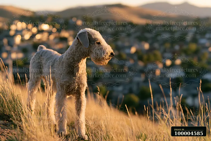 An uncommon dog breed stands on a hilltop, looking out over a scenic view at sunset, with distant homes visible in the background and grass surrounding it.