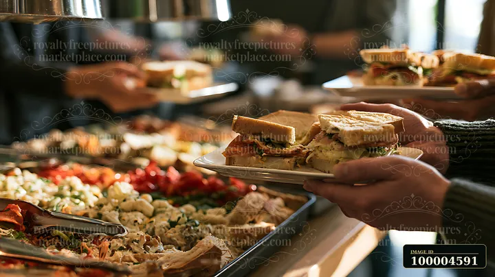 People serve sandwiches and salads from a buffet counter during a workplace lunch.