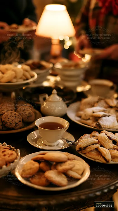 A variety of cookies and pastries are displayed on several plates next to a cup of tea during a home celebration.