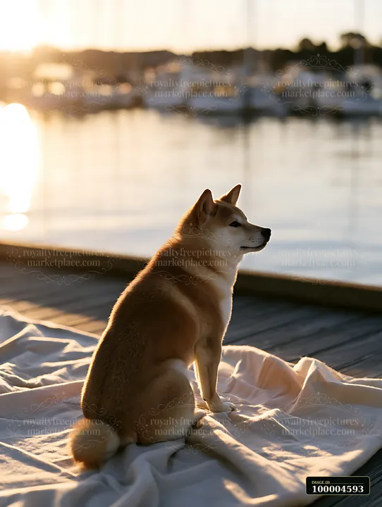 A shiba inu sits on a dock and looks out across a marina at sunset.