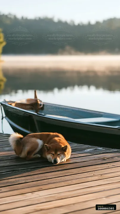 Shiba Inu resting on a wooden dock beside a paddle boat on a calm lake.