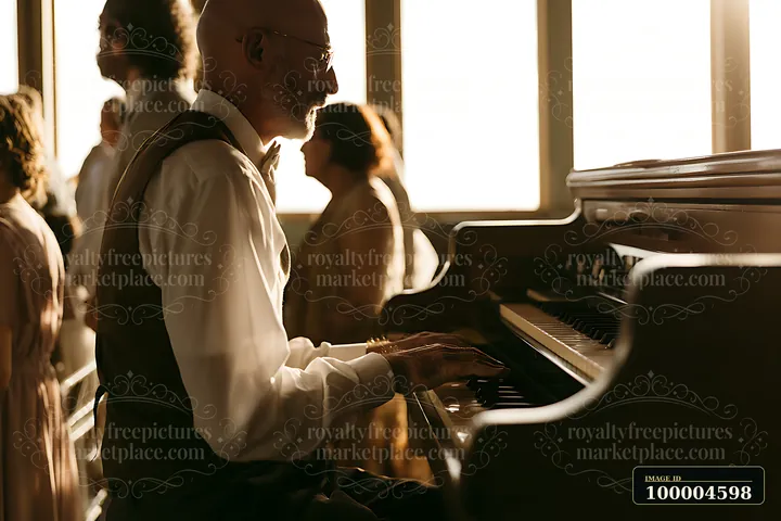 Organist plays a piano during a wedding ceremony while guests gather in a warmly lit interior.