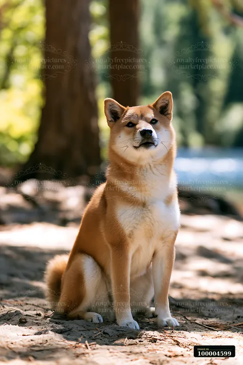 Shiba Inu sits on a forest floor in cool shade beneath tall trees, surrounded by dappled sunlight.