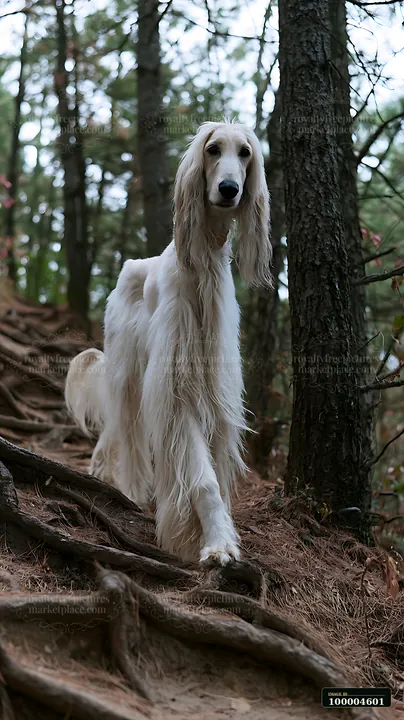 Long-haired white dog stands on a root-covered trail in a pine forest.