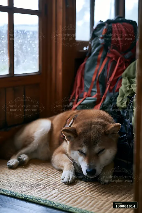 Shiba Inu rests on a woven mat beside a trail backpack in a warmly lit room by a window.