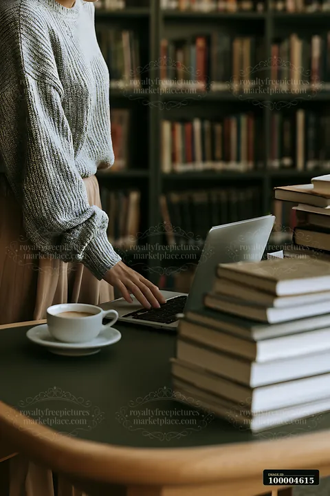 A businesswoman stands at a desk in a library, placing a laptop beside a cup of coffee.