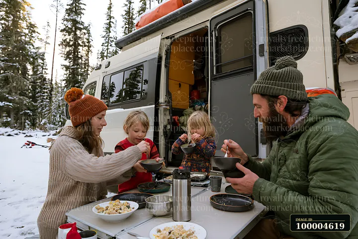 A family eating Christmas breakfast at a table outside their camper in a snowy forest.