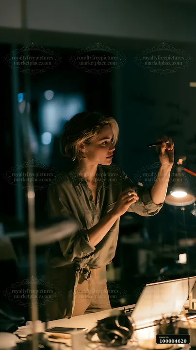 Businesswoman writes on a glass board in a dim workspace beside a desk and laptop.