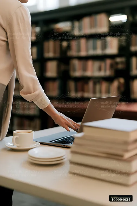 Businesswoman places an open laptop beside coffee on a desk in a bright café workspace.