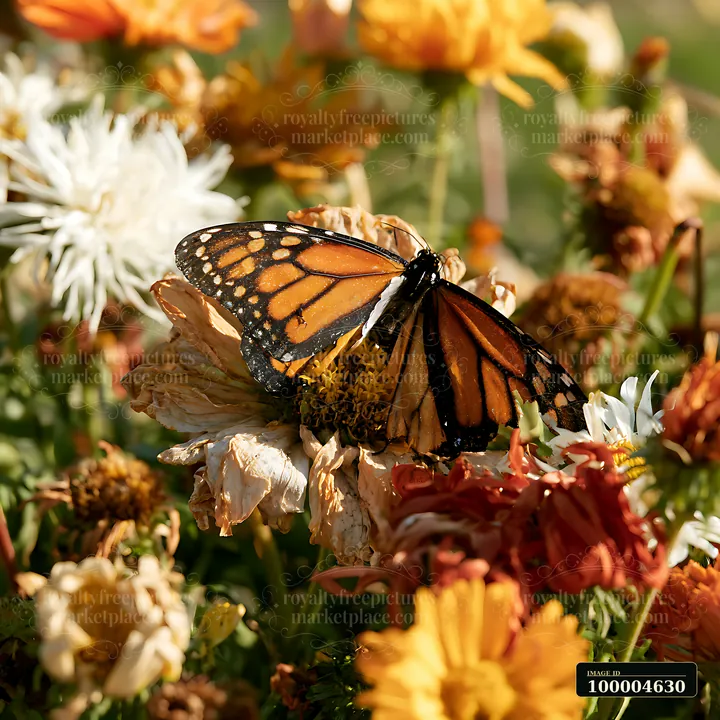 A butterfly rests on wilted flowers in a garden filled with vibrant colors and various flower types.