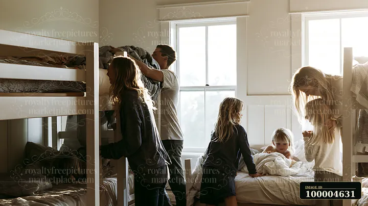 Blonde parents tuck children into bed in a bright shared bedroom with bunk beds and warm sunlight.