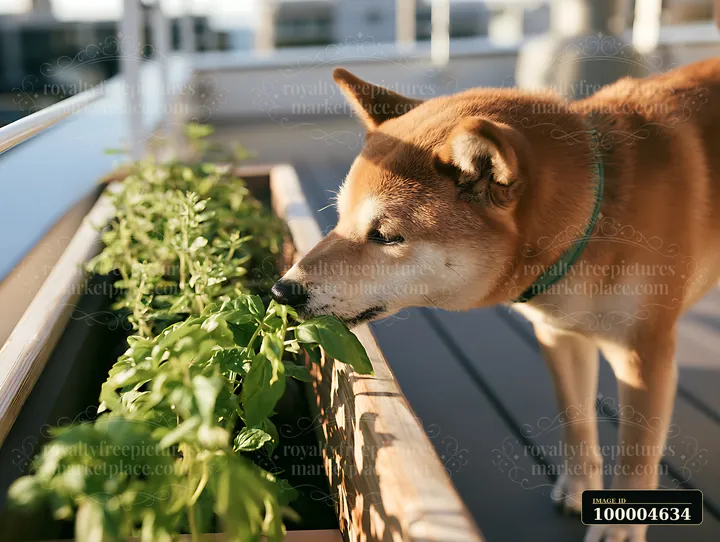 A Shiba Inu interacts with fresh herbs in a rooftop garden setting.