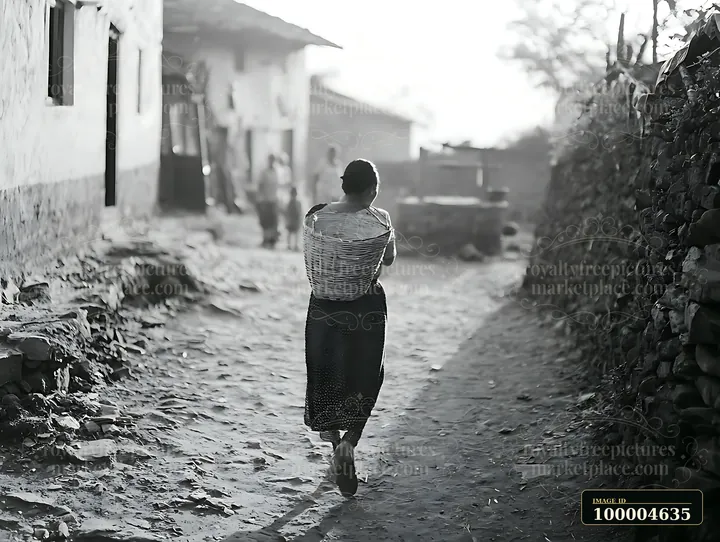 Woman in traditional dress walks away along a rural dirt path carrying a large woven basket.