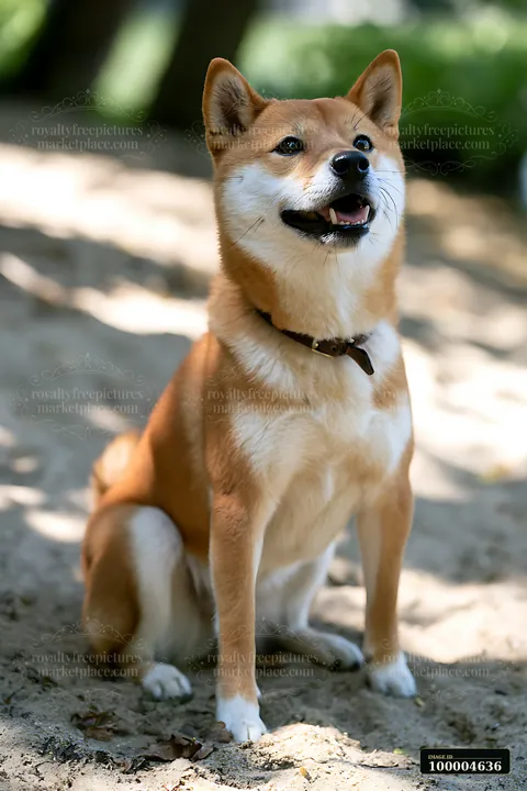 Shiba Inu sits beneath tall trees on sun-dappled ground, enjoying shade outdoors.