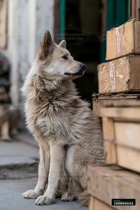Long-haired dog sitting beside stacked cardboard boxes in a paved urban courtyard.