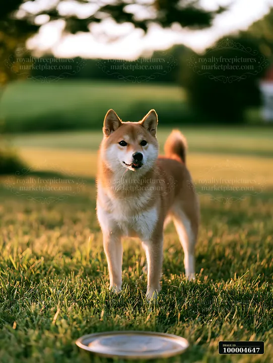 Shiba Inu stands alert on a wide grassy lawn with a frisbee in the foreground.