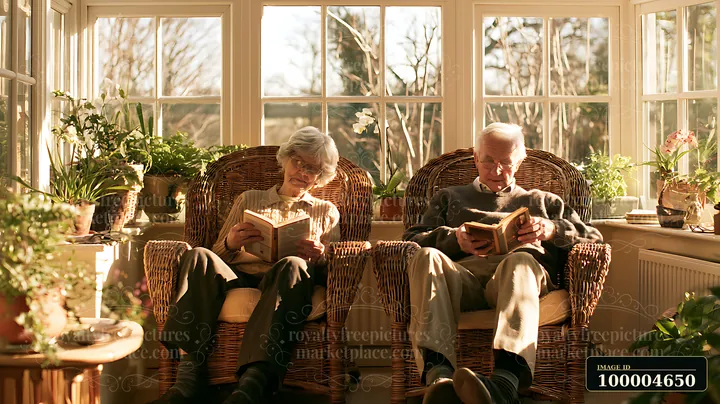 Senior couple sits in wicker chairs reading books together in a bright conservatory filled with plants.