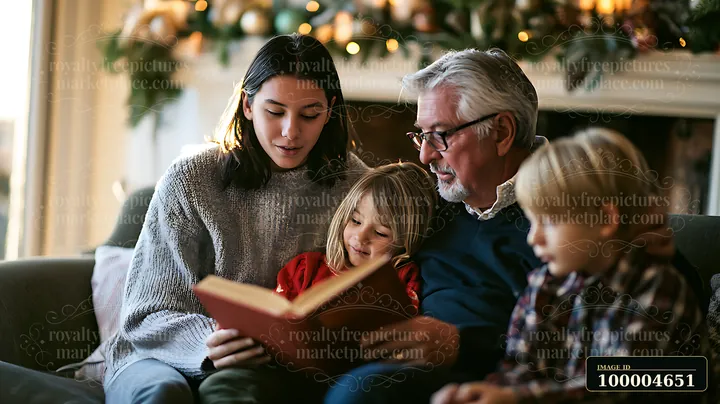 A woman, two children and an elderly man share a cozy moment reading a Christmas story together by the fireplace, surrounded by festive decorations and warm lig