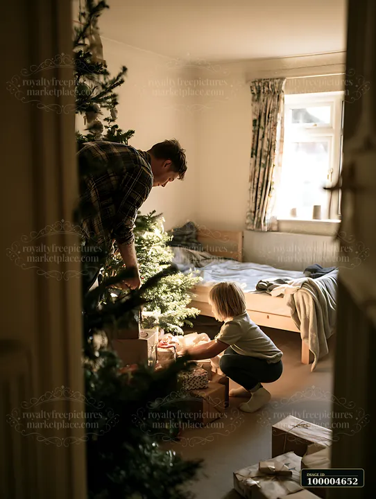Parent and child place wrapped gifts beneath a decorated Christmas tree in a warmly lit bedroom.