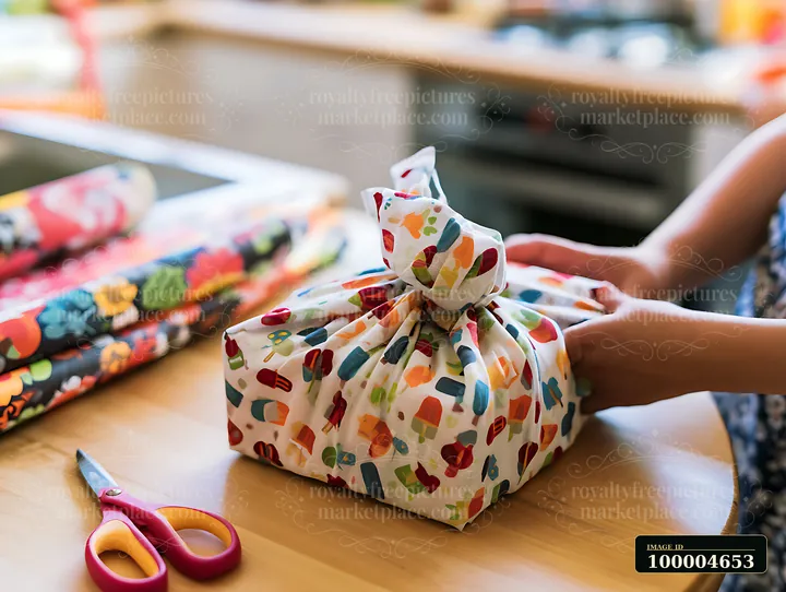 Colorful wrapped birthday gift on a wooden table with scissors and a person working nearby.