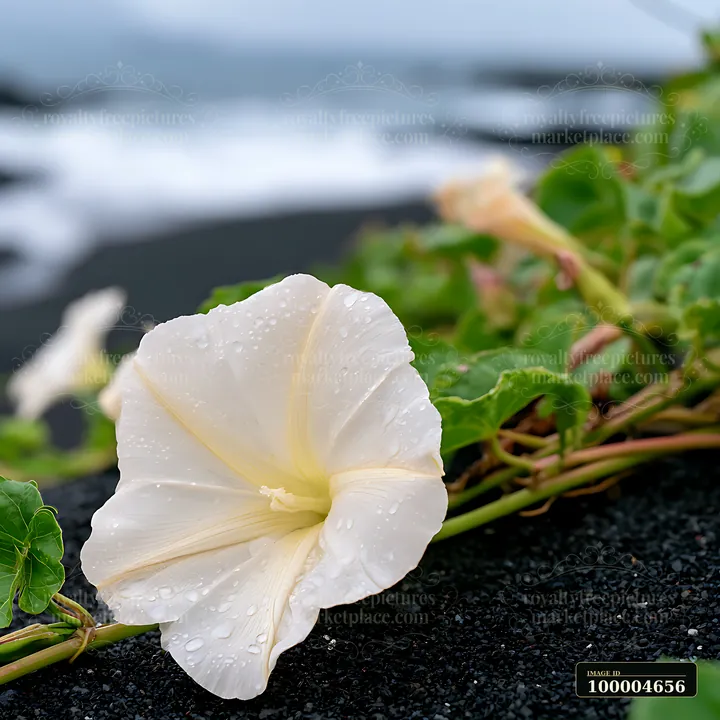 A white flower blooms on black sand near the shoreline with ocean waves in the background.