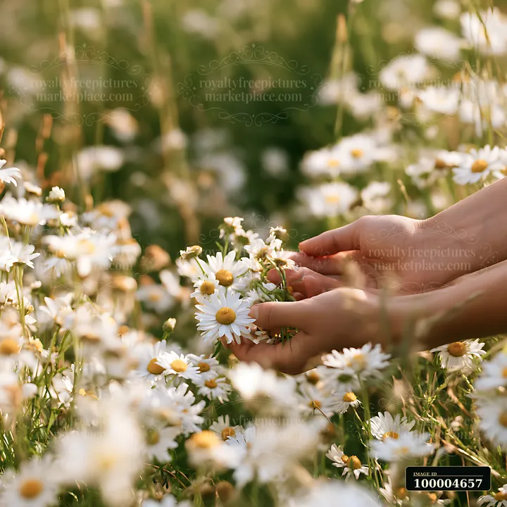 A person picks flowers in a wildflower meadow filled with daisies on a sunny day.