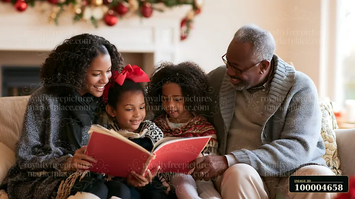 A family sits together on a sofa reading a Christmas story while enjoying the festive decorations around them.