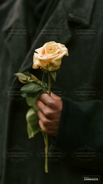 A hand in dark clothing holds a pale rose against a dark background.